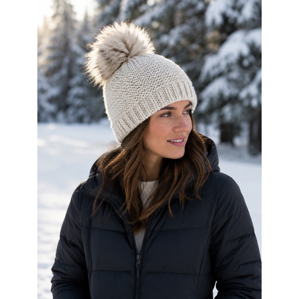 Unbranded Knit Beanie Womens OS Cream Faux Fur Pom Made in Italy Wool Blend